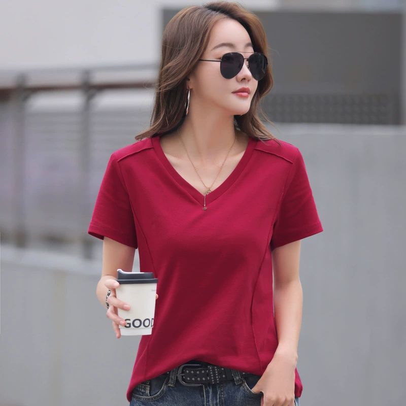Simple Solid Color Short-Sleeve T-Shirt Women's Loose-Fit Cotton V-Neck Top Plus Size Summer Clothing for Female Soft Comfortable Tee