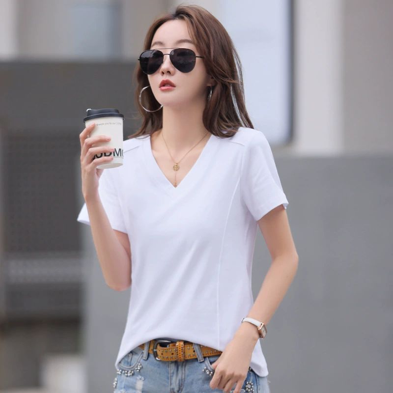 Simple Solid Color Short-Sleeve T-Shirt Women's Loose-Fit Cotton V-Neck Top Plus Size Summer Clothing for Female Soft Comfortable Tee
