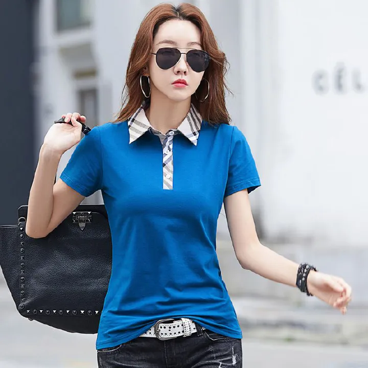 2025 New Women's Checkered Polo Shirt Soft Cotton Short Sleeve Top with Collar T-shirt Premium Office Wear for Ladies Summer Clothes Women's Clothing