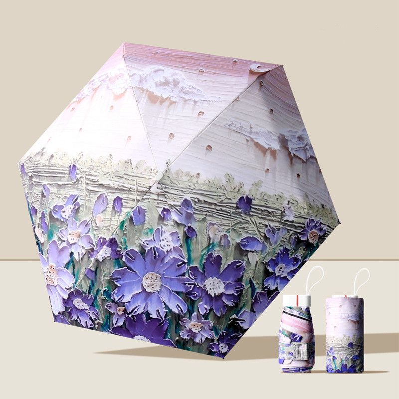 Art-Printed Compact Hexa-Fold Umbrella Mini UV-protective Parasol Portable Sun Umbrella Small Parasol for Girls and Women Lightweight Foldable UV Sunshade Small Pocket Parasol Blocks Sun