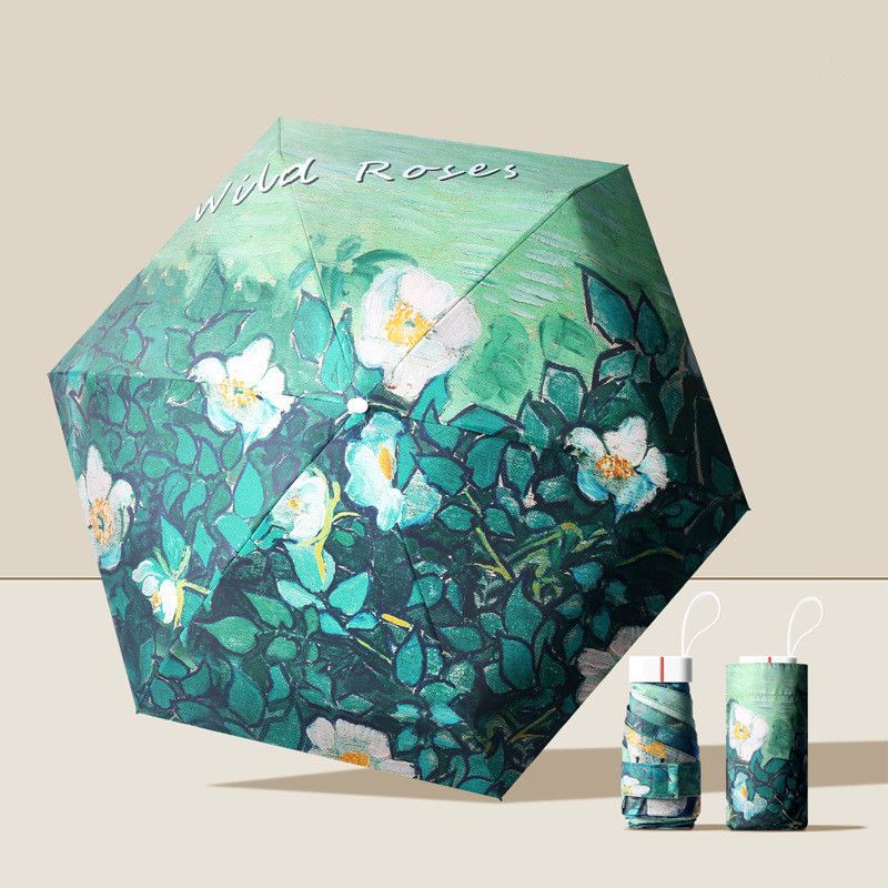 Art-Printed Compact Hexa-Fold Umbrella Mini UV-protective Parasol Portable Sun Umbrella Small Parasol for Girls and Women Lightweight Foldable UV Sunshade Small Pocket Parasol Blocks Sun