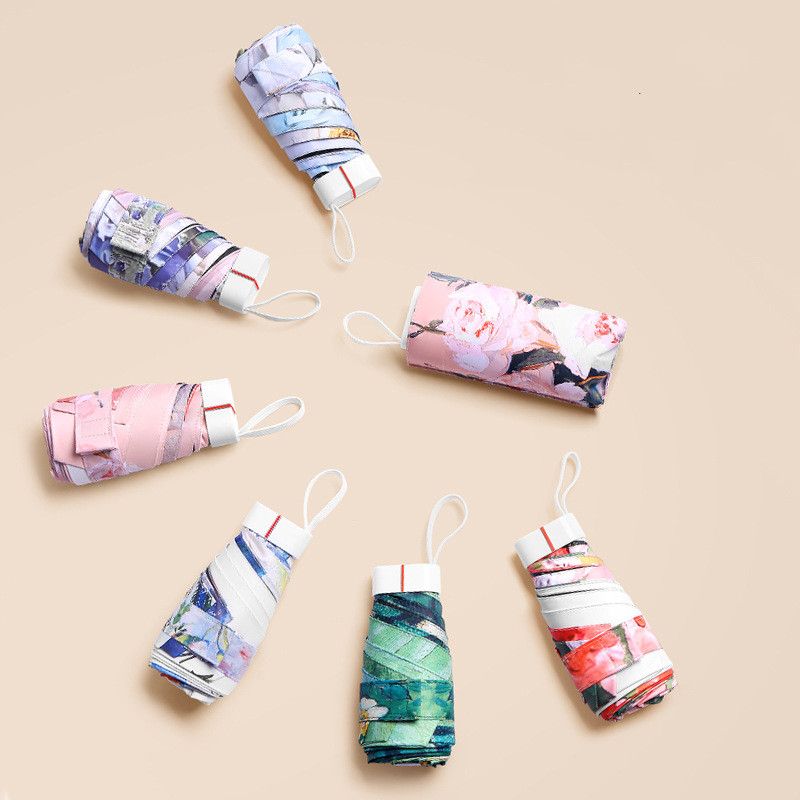 Art-Printed Compact Hexa-Fold Umbrella Mini UV-protective Parasol Portable Sun Umbrella Small Parasol for Girls and Women Lightweight Foldable UV Sunshade Small Pocket Parasol Blocks Sun