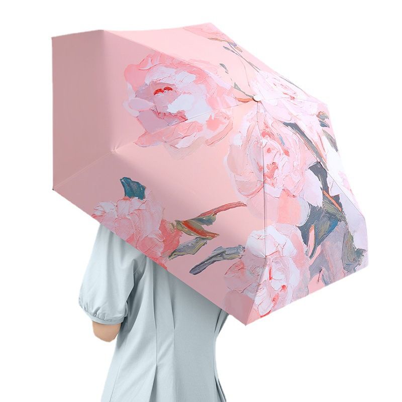 Art-Printed Compact Hexa-Fold Umbrella Mini UV-protective Parasol Portable Sun Umbrella Small Parasol for Girls and Women Lightweight Foldable UV Sunshade Small Pocket Parasol Blocks Sun