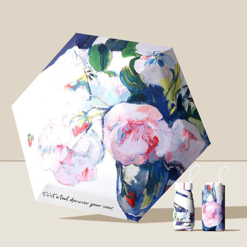 Art-Printed Compact Hexa-Fold Umbrella Mini UV-protective Parasol Portable Sun Umbrella Small Parasol for Girls and Women Lightweight Foldable UV Sunshade Small Pocket Parasol Blocks Sun