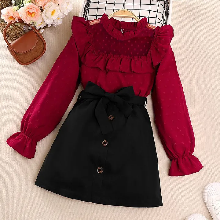 2025 New Girls Clothing Set Elegant Lace Trim Polka-Dot Long Sleeve Top & Black Bow Short Skirt 2-Piece Set for Girls Aged 8-12 Years Kids Clothes Fashion Outfit
