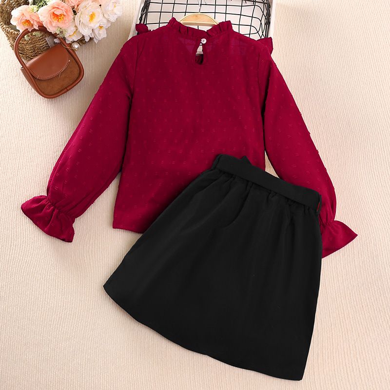 2025 New Girls Clothing Set Elegant Lace Trim Polka-Dot Long Sleeve Top & Black Bow Short Skirt 2-Piece Set for Girls Aged 8-12 Years Kids Clothes Fashion Outfit