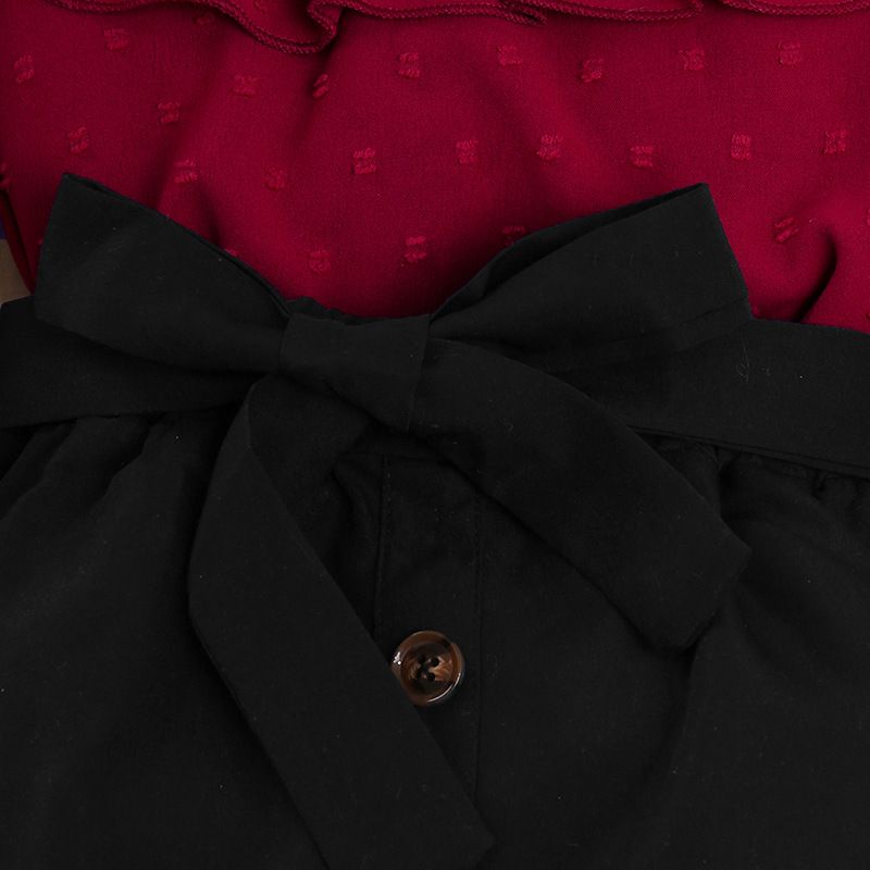 2025 New Girls Clothing Set Elegant Lace Trim Polka-Dot Long Sleeve Top & Black Bow Short Skirt 2-Piece Set for Girls Aged 8-12 Years Kids Clothes Fashion Outfit