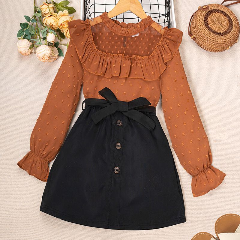 2025 New Girls Clothing Set Elegant Lace Trim Polka-Dot Long Sleeve Top & Black Bow Short Skirt 2-Piece Set for Girls Aged 8-12 Years Kids Clothes Fashion Outfit