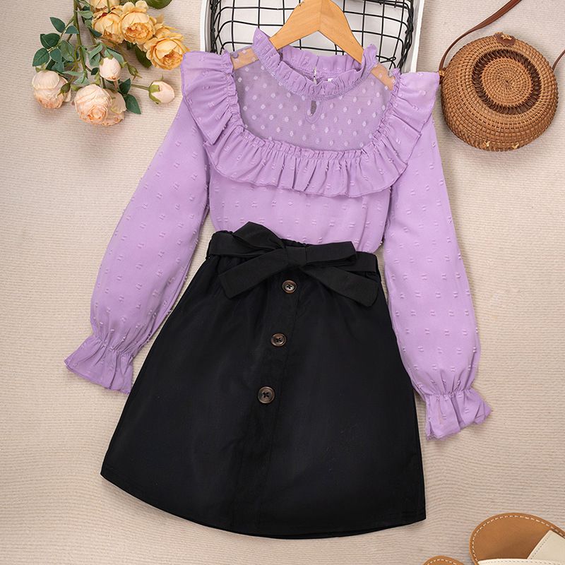 2025 New Girls Clothing Set Elegant Lace Trim Polka-Dot Long Sleeve Top & Black Bow Short Skirt 2-Piece Set for Girls Aged 8-12 Years Kids Clothes Fashion Outfit