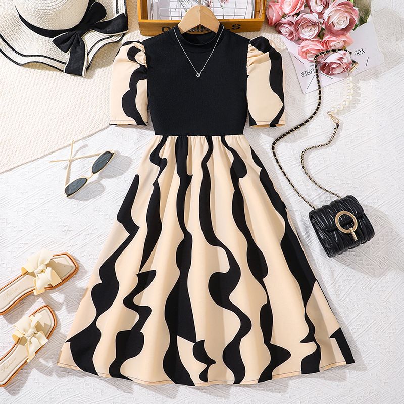 Irregular Stripe Print Knit Patchwork Long Dress for Girls 8-12 Years Fashionable Summer Everyday Wear Girls Clothing Dress for Kids Maxi Dresses Stylish Casual Summer Dress