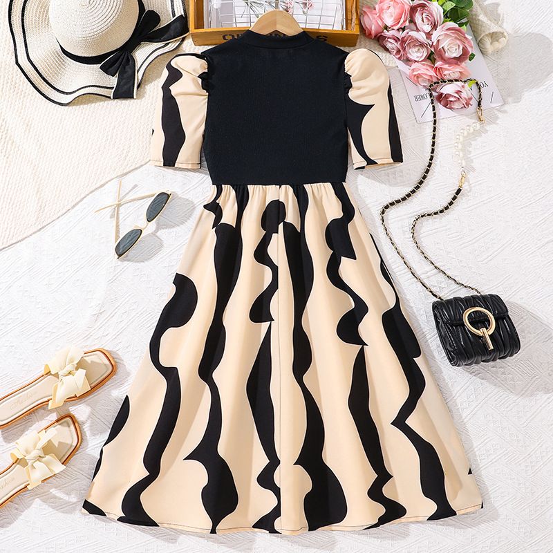 Irregular Stripe Print Knit Patchwork Long Dress for Girls 8-12 Years Fashionable Summer Everyday Wear Girls Clothing Dress for Kids Maxi Dresses Stylish Casual Summer Dress