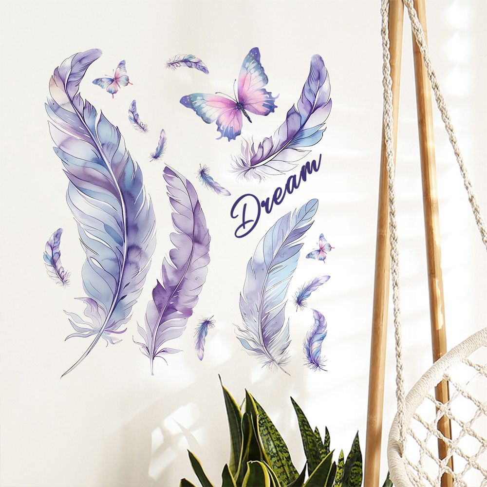 Colorful Feather Butterfly Wall Stickers Self-Adhesive Decorative Decals for Bedroom and Living Room Ambience PVC Sticker