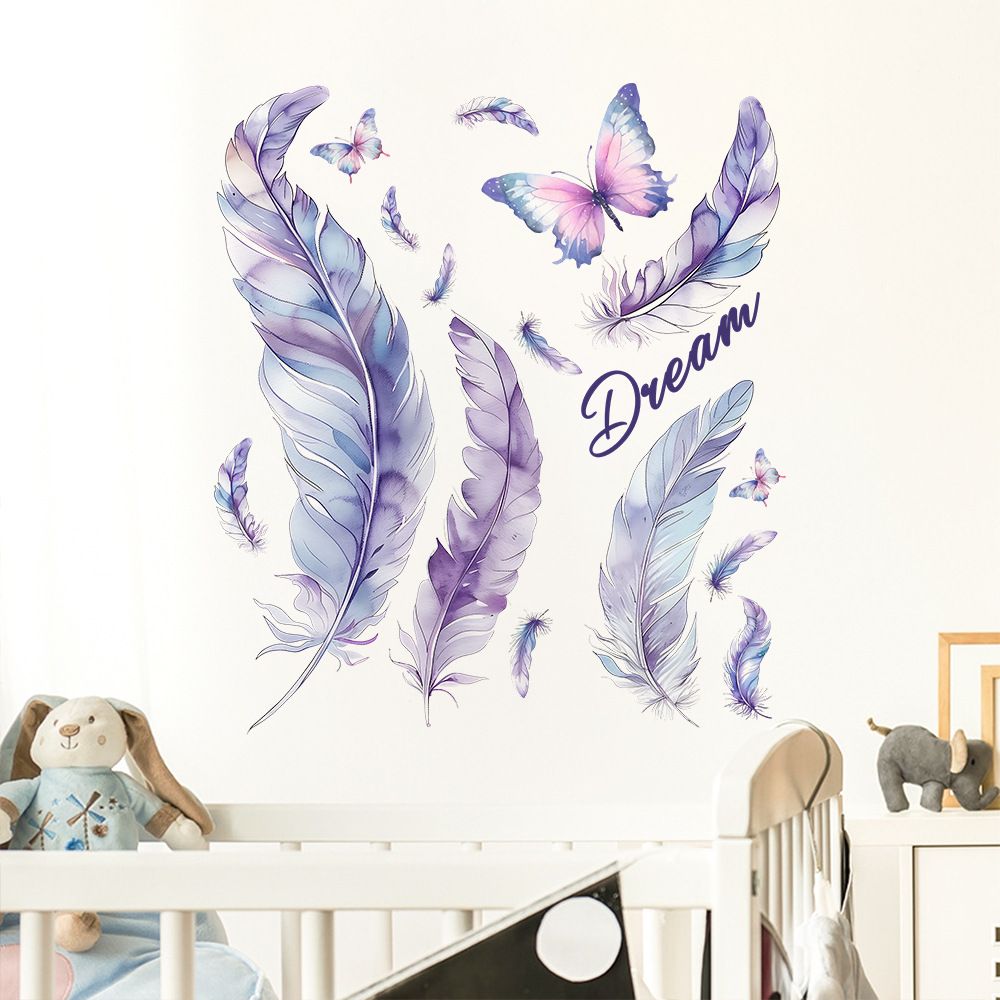 Colorful Feather Butterfly Wall Stickers Self-Adhesive Decorative Decals for Bedroom and Living Room Ambience PVC Sticker