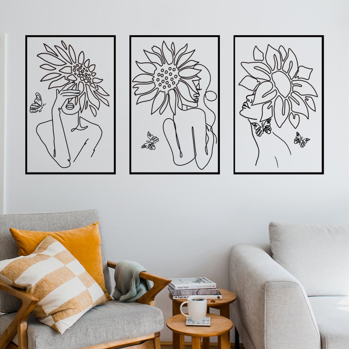 Floral Woman Sunflower Line Art Wall Sticker Self-Adhesive Mural for Bedroom, Living Room, and Dining Room Background Wall Decor