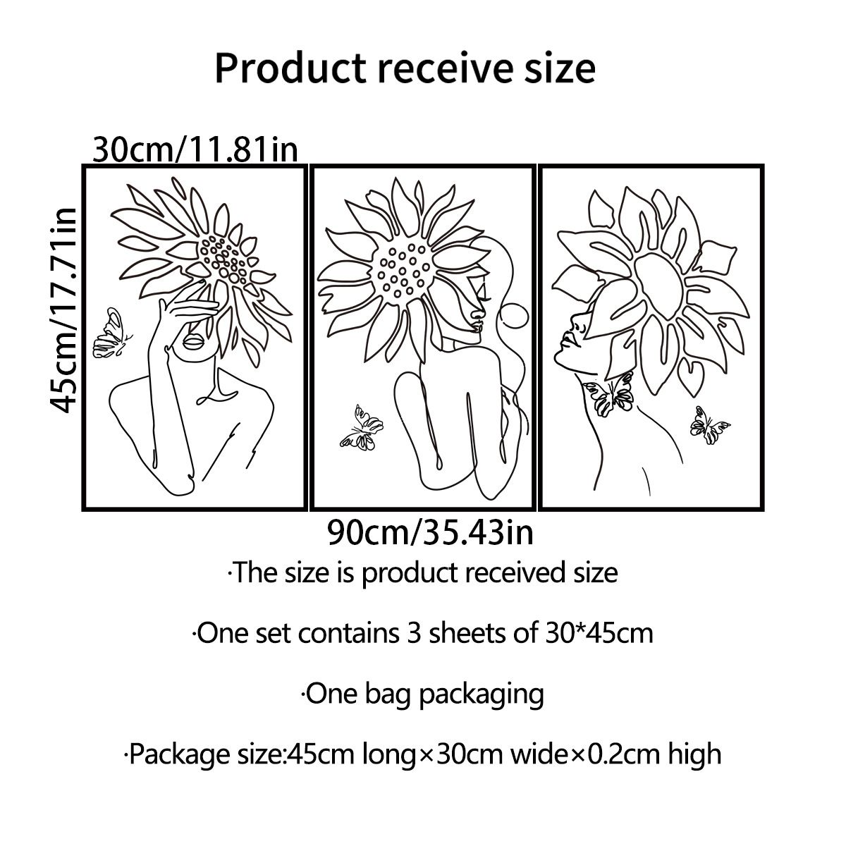Floral Woman Sunflower Line Art Wall Sticker Self-Adhesive Mural for Bedroom, Living Room, and Dining Room Background Wall Decor