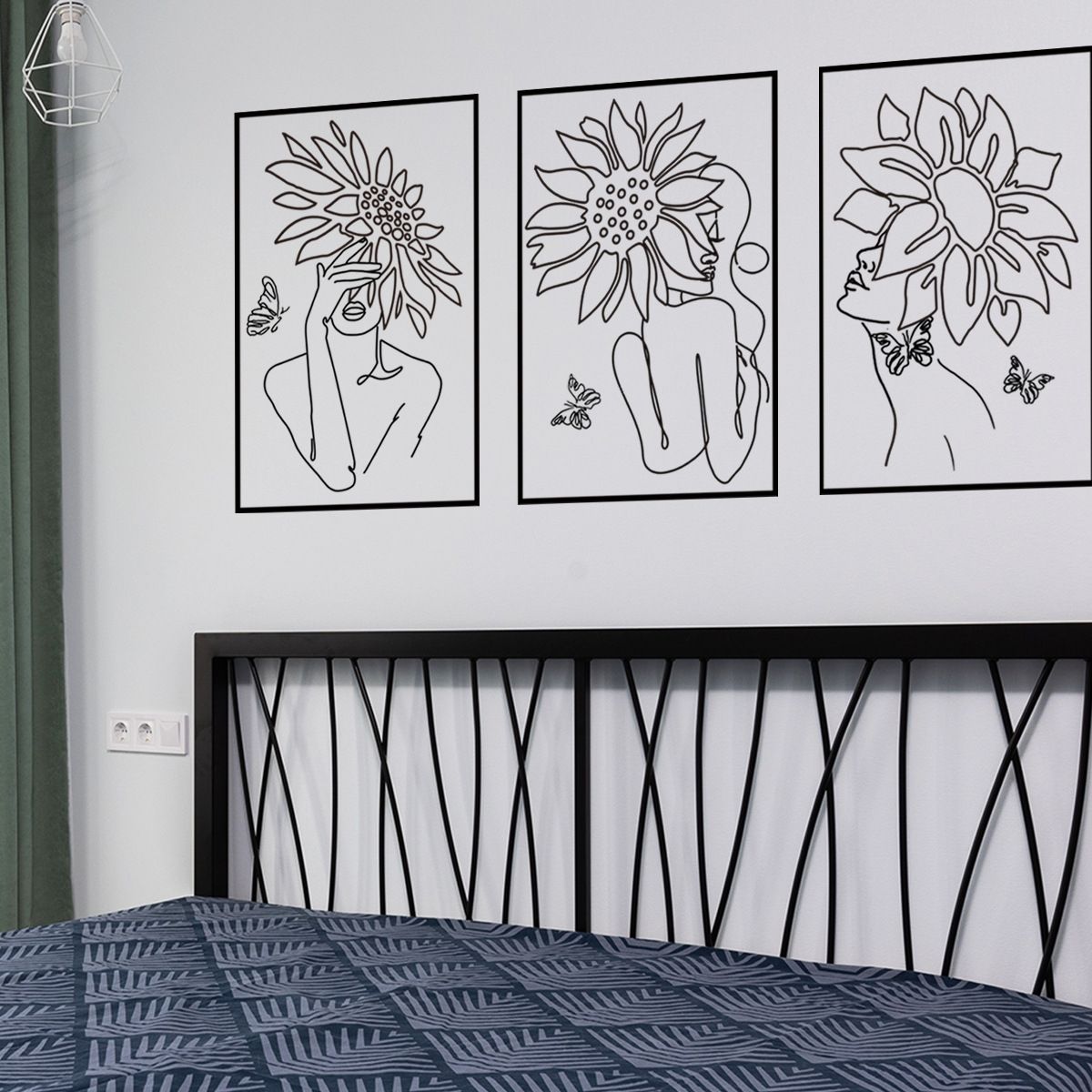 Floral Woman Sunflower Line Art Wall Sticker Self-Adhesive Mural for Bedroom, Living Room, and Dining Room Background Wall Decor