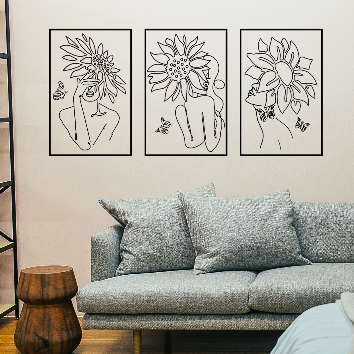 Floral Woman Sunflower Line Art Wall Sticker Self-Adhesive Mural for Bedroom, Living Room, and Dining Room Background Wall Decor