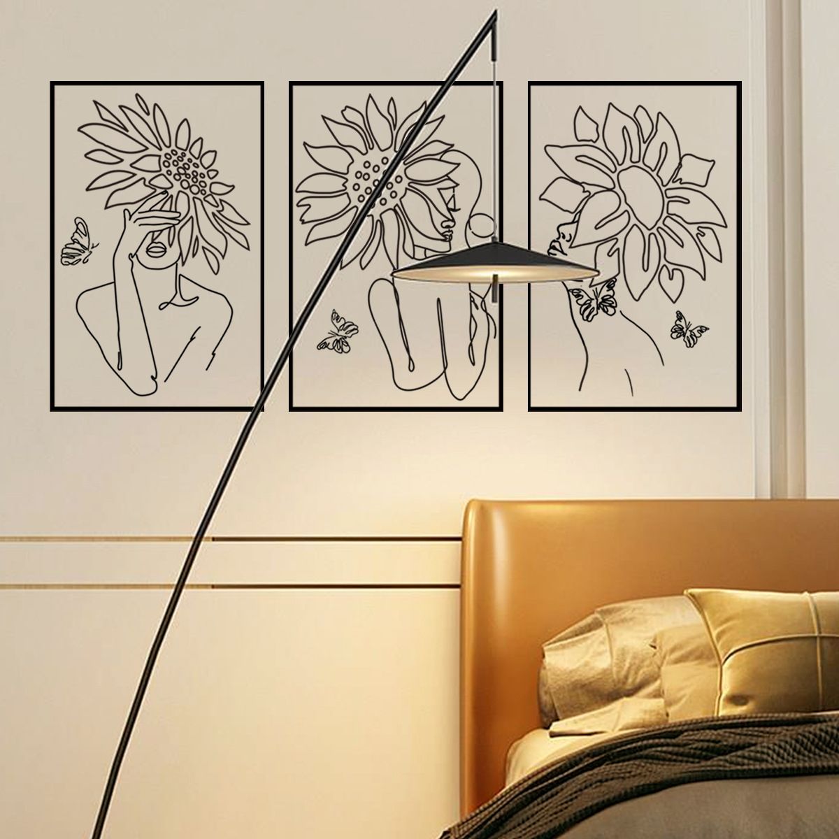 Floral Woman Sunflower Line Art Wall Sticker Self-Adhesive Mural for Bedroom, Living Room, and Dining Room Background Wall Decor