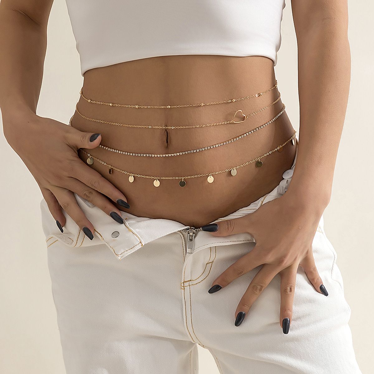 Sexy Layered Tassel Sequin Metal Chain Waist Belt Trendy Beach Body Chain with Rhinestone Heart Detail Women's Body Jewelry