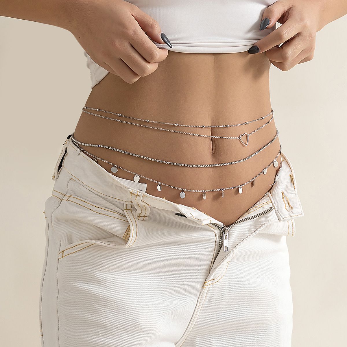 Sexy Layered Tassel Sequin Metal Chain Waist Belt Trendy Beach Body Chain with Rhinestone Heart Detail Women's Body Jewelry