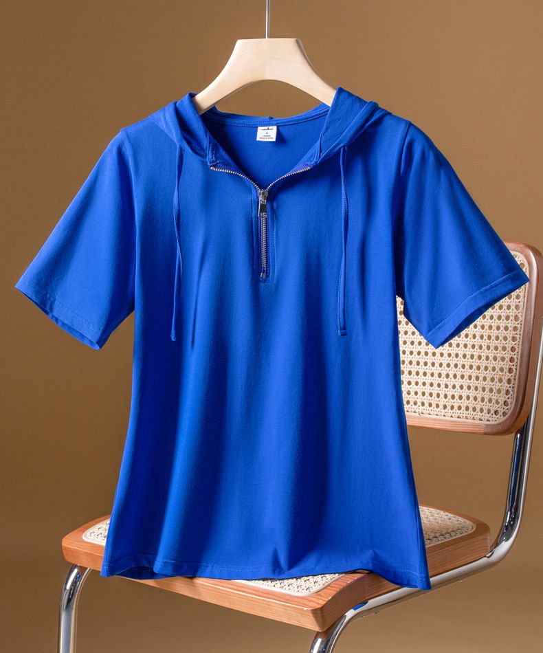 Women's Casual Hooded Zip-Up Short Sleeve T-Shirt Lightweight Sun Protective Air Conditioning Versatile Basic Pullover Top