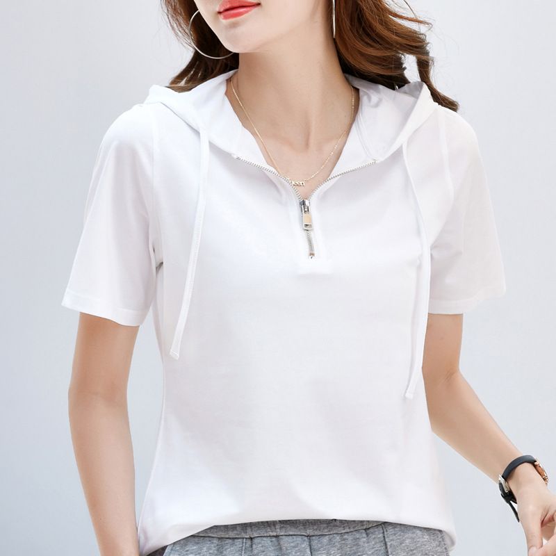 Women's Casual Hooded Zip-Up Short Sleeve T-Shirt Lightweight Sun Protective Air Conditioning Versatile Basic Pullover Top