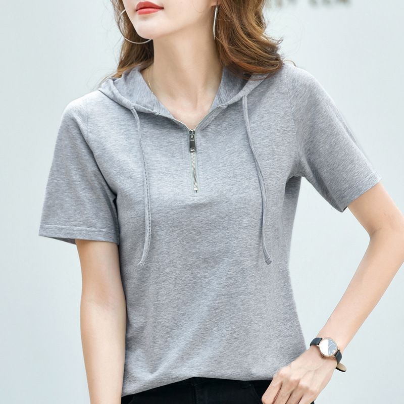 Women's Casual Hooded Zip-Up Short Sleeve T-Shirt Lightweight Sun Protective Air Conditioning Versatile Basic Pullover Top