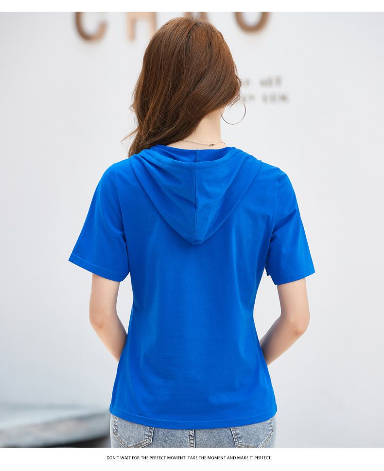 Women's Casual Hooded Zip-Up Short Sleeve T-Shirt Lightweight Sun Protective Air Conditioning Versatile Basic Pullover Top