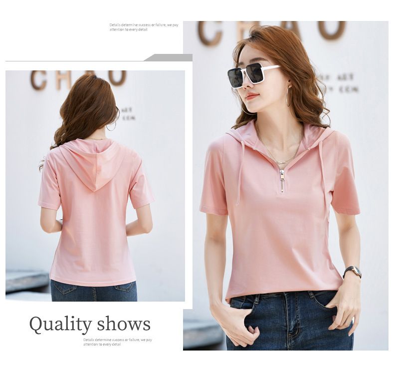 Women's Casual Hooded Zip-Up Short Sleeve T-Shirt Lightweight Sun Protective Air Conditioning Versatile Basic Pullover Top