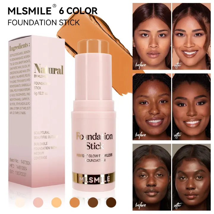 6-Color Foundation Stick Waterproof Sweat-Resistant Brightening and Contouring Concealer Stick with Lightweight Matte Finish Face Make Up