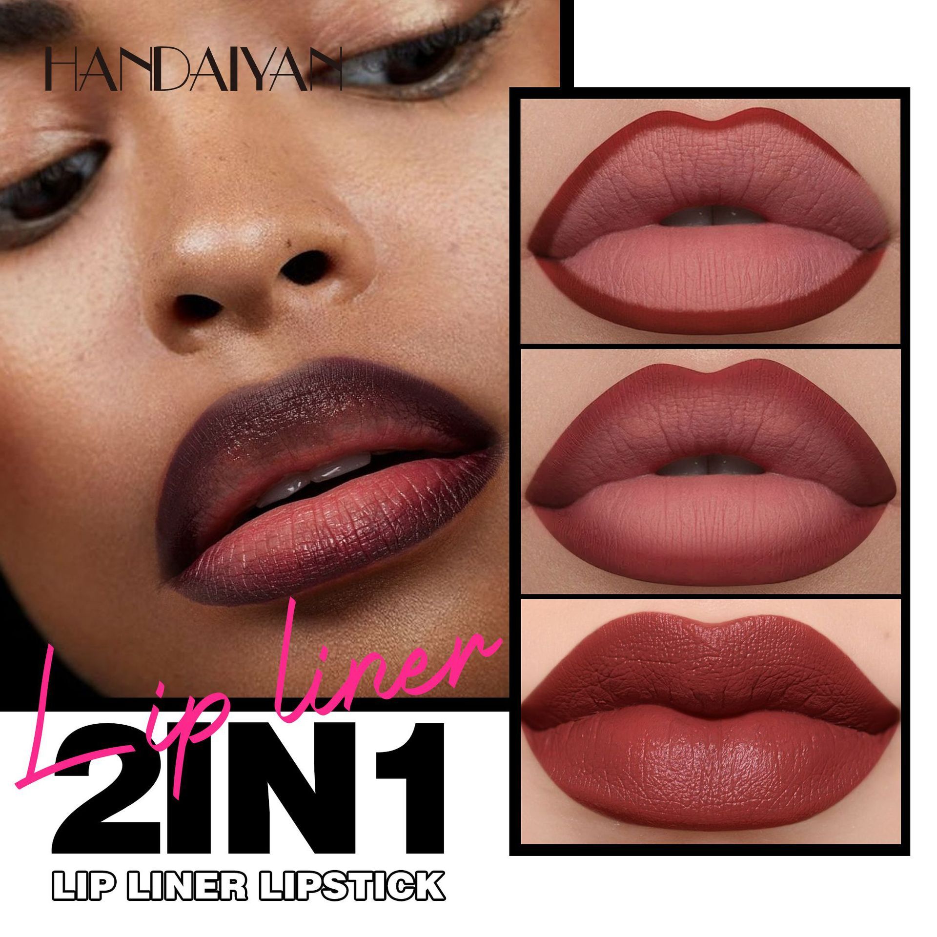2-in-1 Lip Liner & Lipstick for Dark Skin Long Lasting Waterproof Matte Makeup Pencil Non-Feathering Daily Lip Color Women's Face Make Up Lipstick