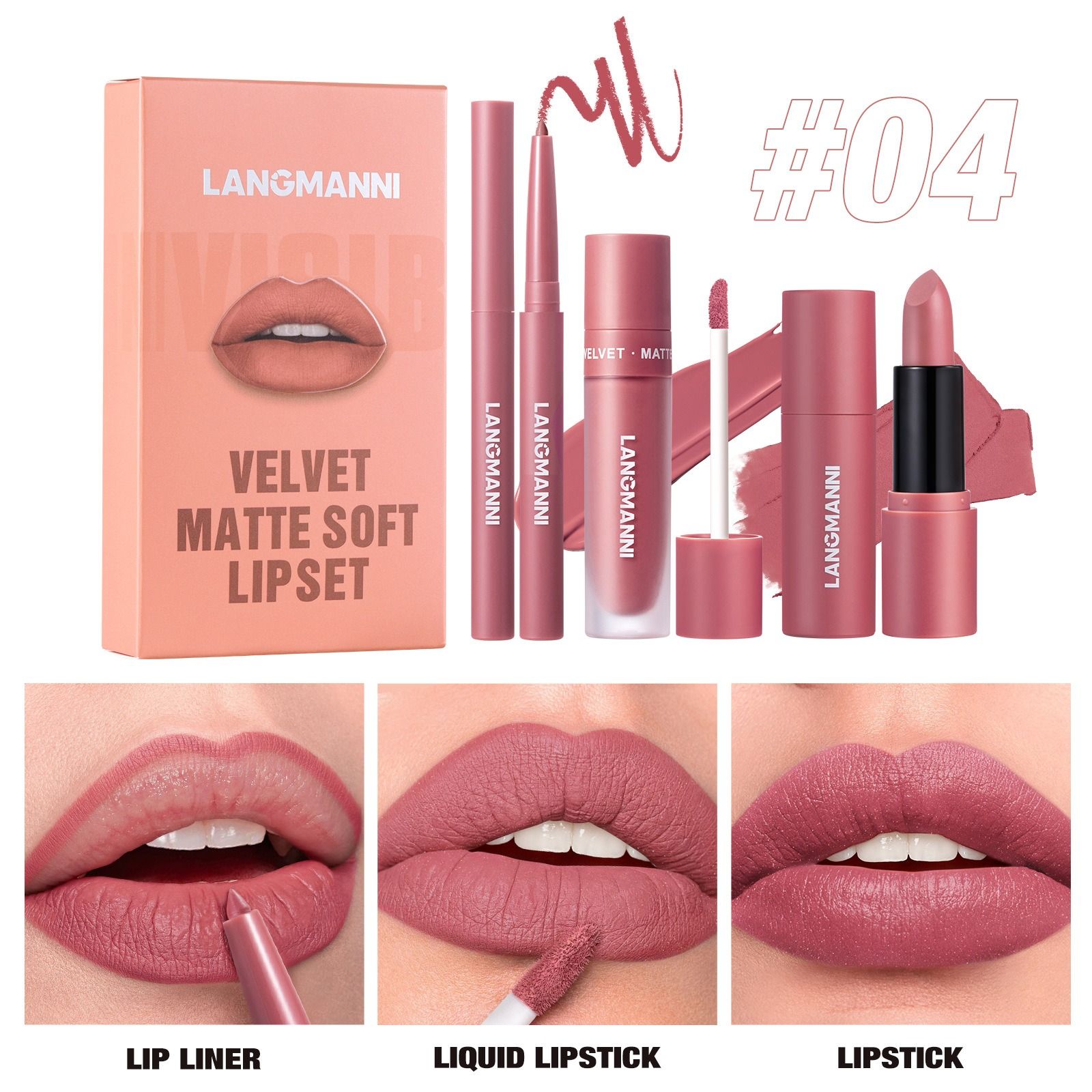 3-in-1 Lip Makeup Set Lip Liner, Lipstick & Liquid Lipstick Trio Waterproof & Long-Lasting Lips Make Up 3 Pcs Set for Women Daily Makeup Velvet Matte Finish