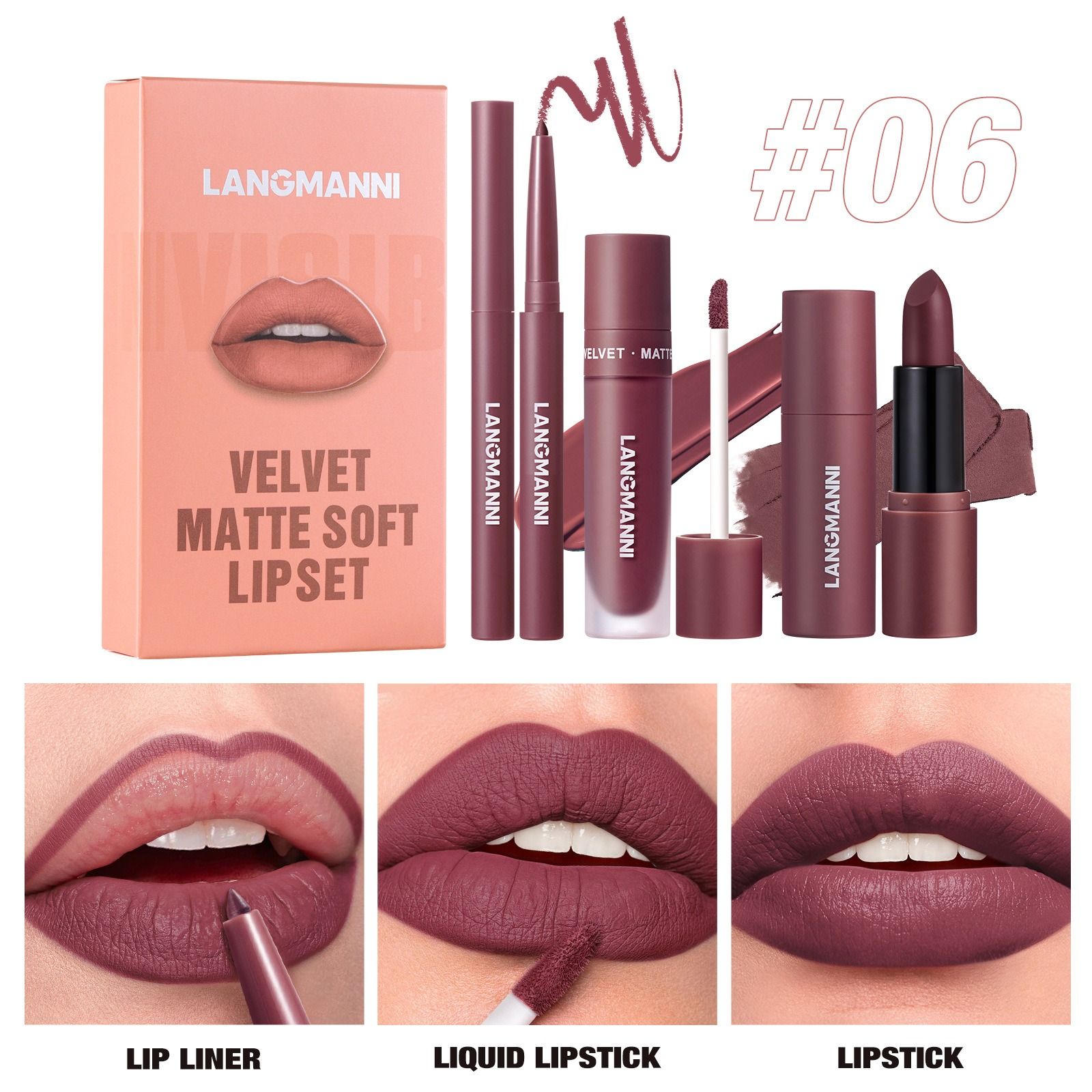 3-in-1 Lip Makeup Set Lip Liner, Lipstick & Liquid Lipstick Trio Waterproof & Long-Lasting Lips Make Up 3 Pcs Set for Women Daily Makeup Velvet Matte Finish