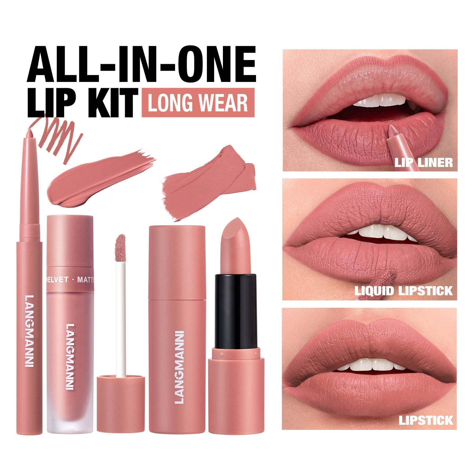 3-in-1 Lip Makeup Set Lip Liner, Lipstick & Liquid Lipstick Trio Waterproof & Long-Lasting Lips Make Up 3 Pcs Set for Women Daily Makeup Velvet Matte Finish
