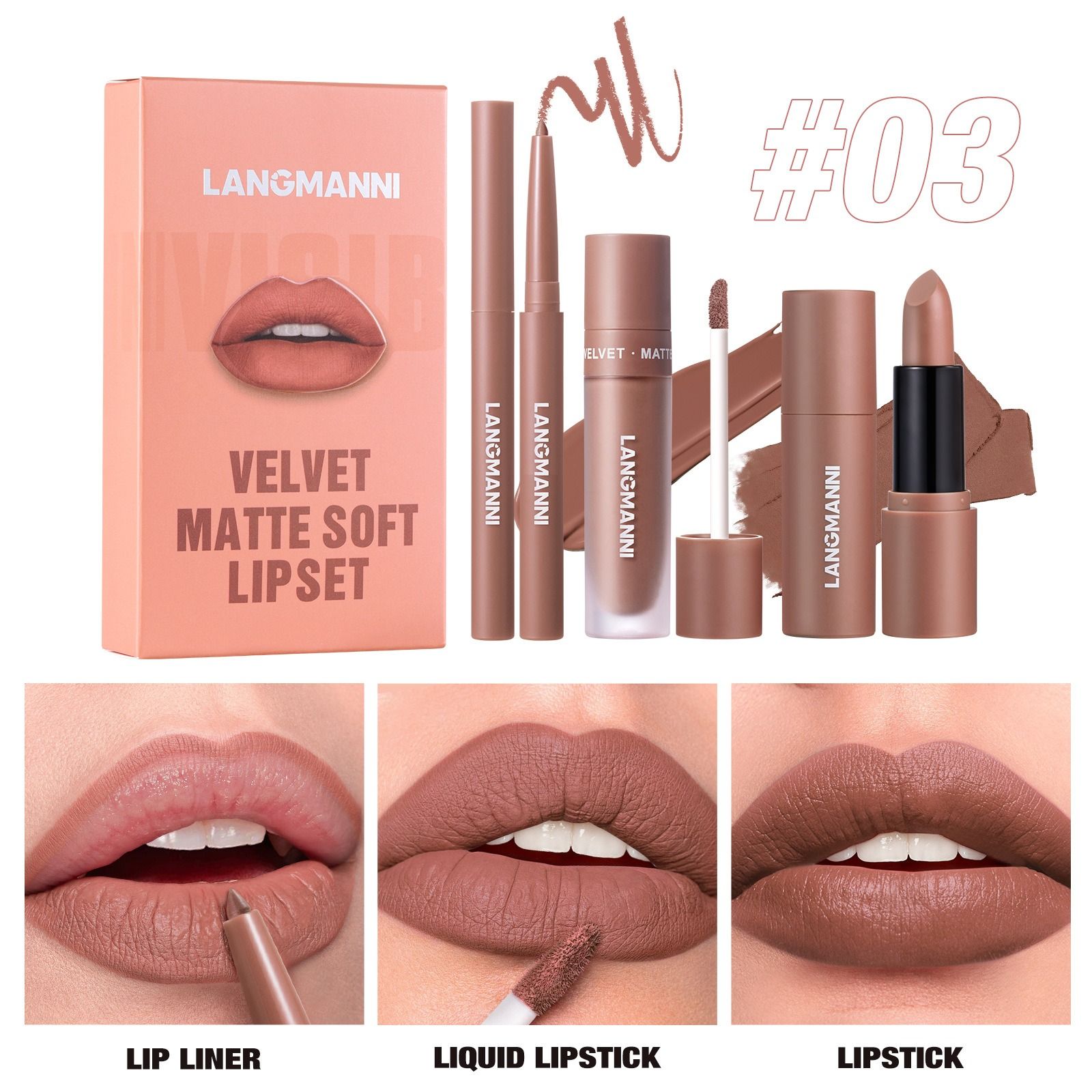 3-in-1 Lip Makeup Set Lip Liner, Lipstick & Liquid Lipstick Trio Waterproof & Long-Lasting Lips Make Up 3 Pcs Set for Women Daily Makeup Velvet Matte Finish