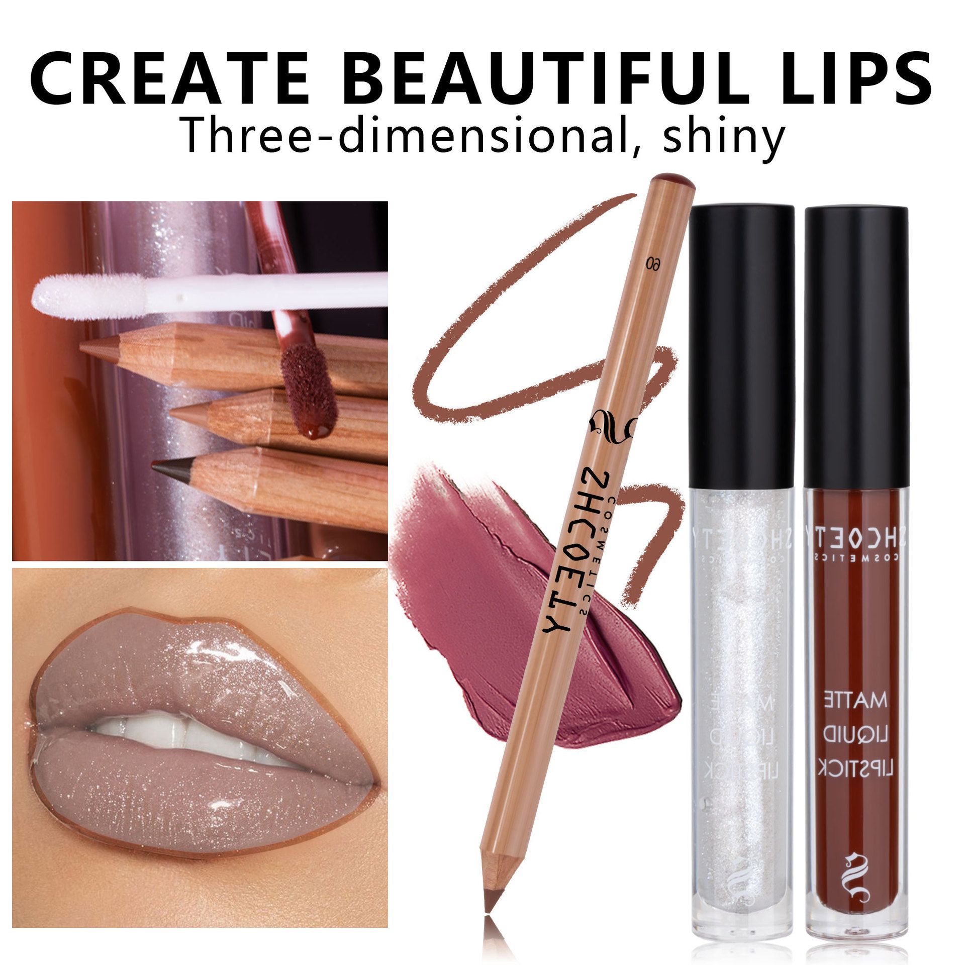 Waterproof Lip Makeup Set Shimmer Gloss Matte Liquid Lipstick & Lip Liner Non-Stick Cup Finish Glitter Shine Lipsticks