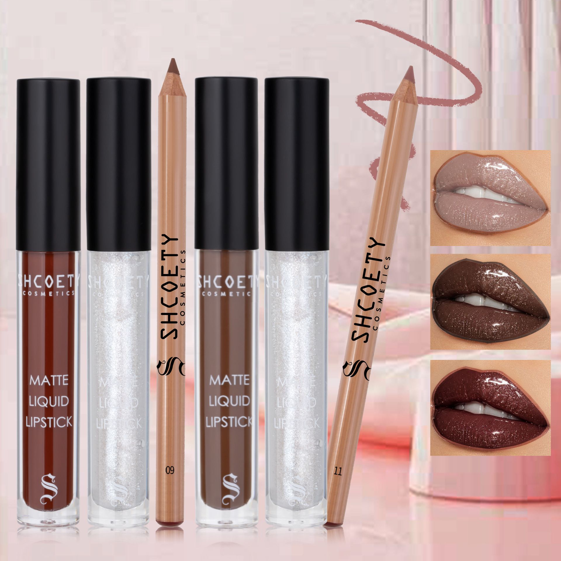 Waterproof Lip Makeup Set Shimmer Gloss Matte Liquid Lipstick & Lip Liner Non-Stick Cup Finish Glitter Shine Lipsticks