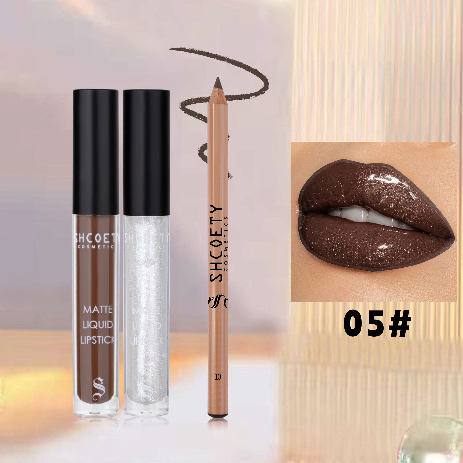 Waterproof Lip Makeup Set Shimmer Gloss Matte Liquid Lipstick & Lip Liner Non-Stick Cup Finish Glitter Shine Lipsticks