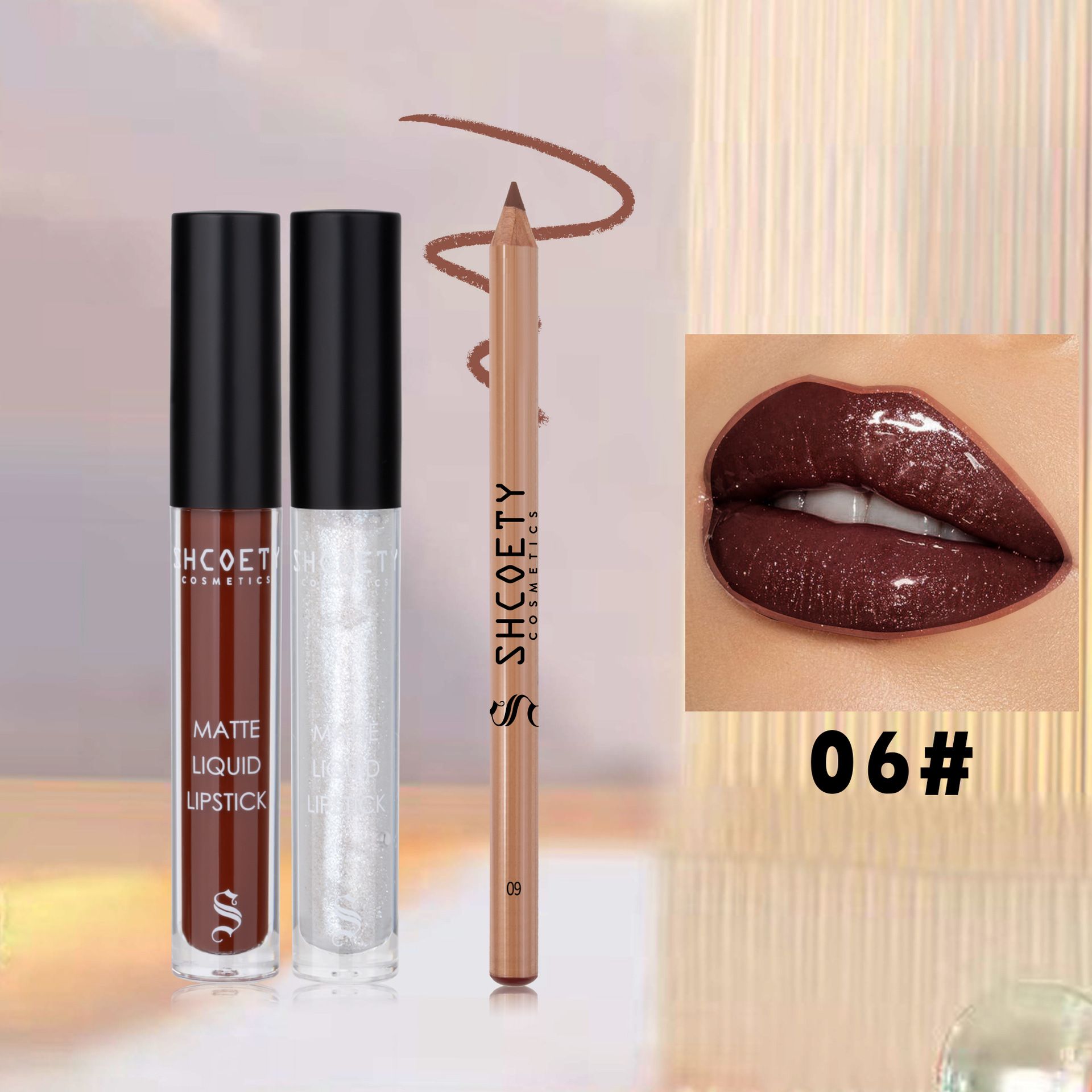 Waterproof Lip Makeup Set Shimmer Gloss Matte Liquid Lipstick & Lip Liner Non-Stick Cup Finish Glitter Shine Lipsticks