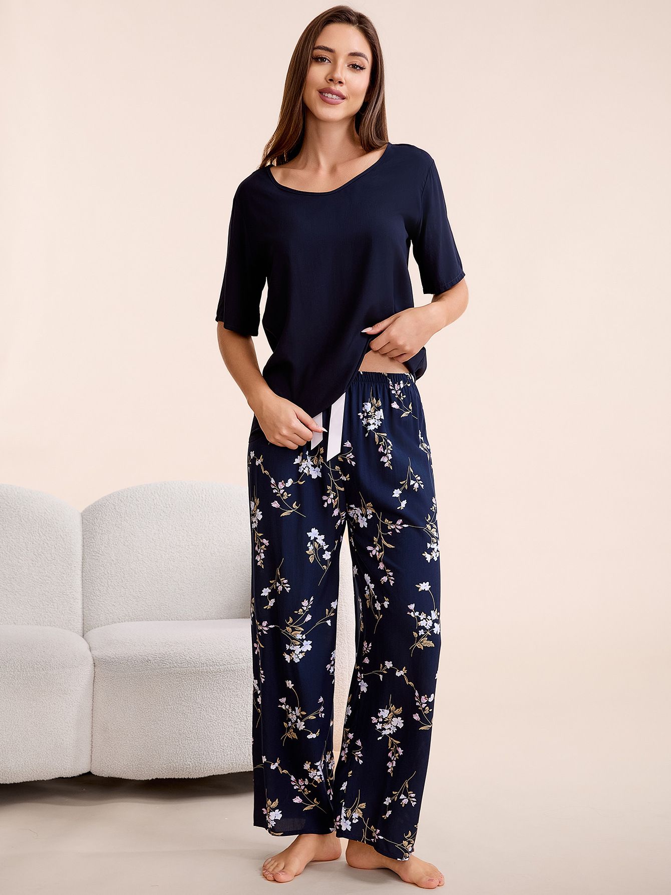 Plus Size Women’s Pajama Set S-6XL Round Neck Short Sleeve Cotton Rayon Top & Wide-Leg Elastic Waist Pants Loungewear  Sleepshirts Women's Clothing