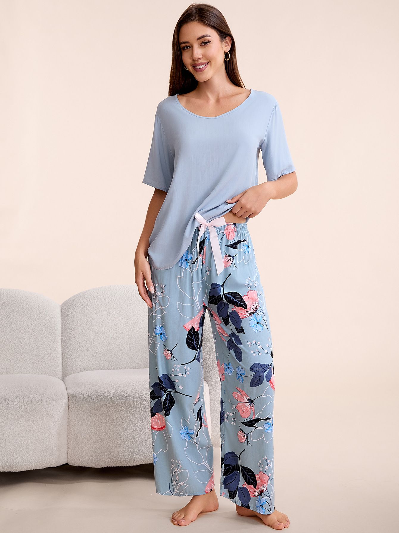 Plus Size Women’s Pajama Set S-6XL Round Neck Short Sleeve Cotton Rayon Top & Wide-Leg Elastic Waist Pants Loungewear  Sleepshirts Women's Clothing