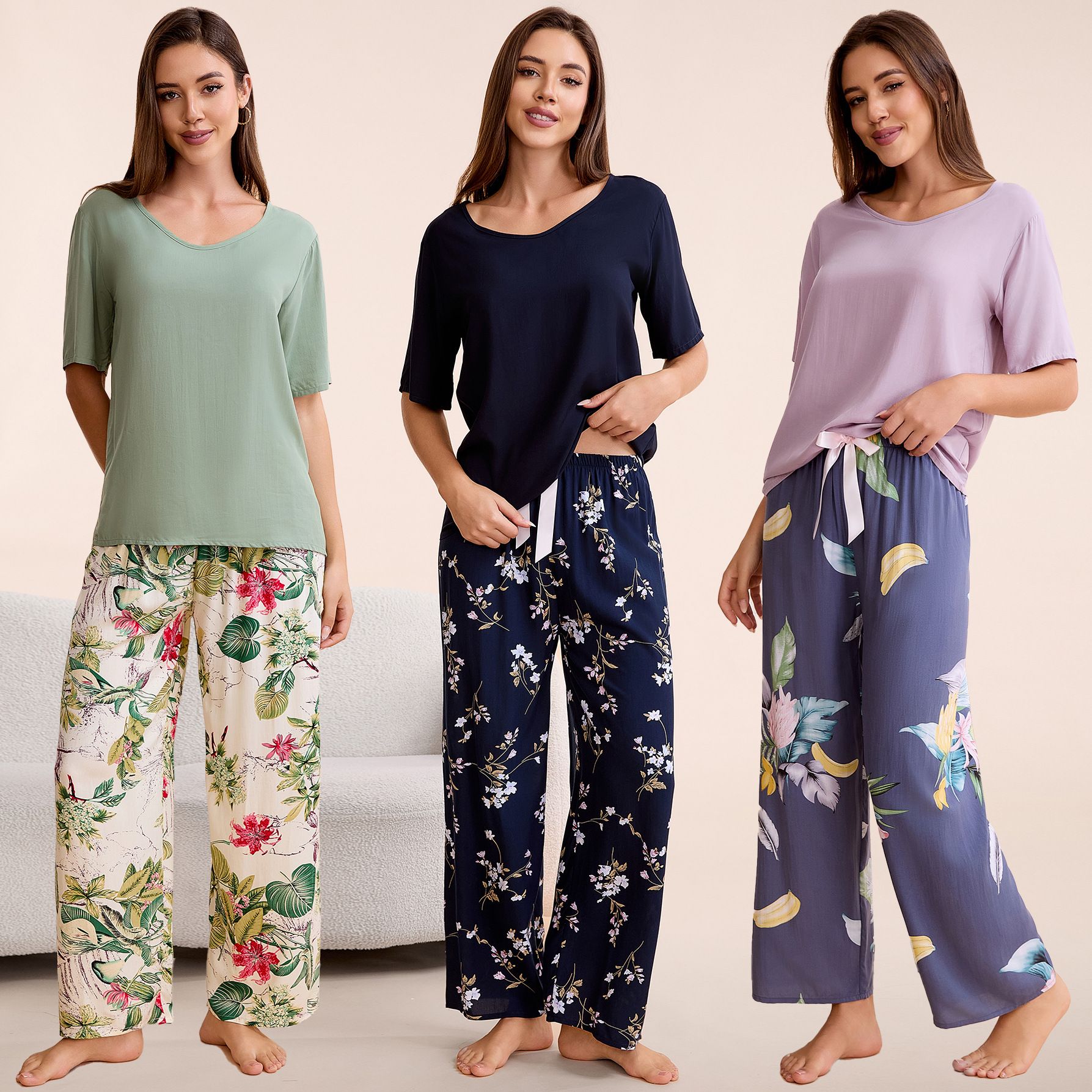 Plus Size Women’s Pajama Set S-6XL Round Neck Short Sleeve Cotton Rayon Top & Wide-Leg Elastic Waist Pants Loungewear  Sleepshirts Women's Clothing