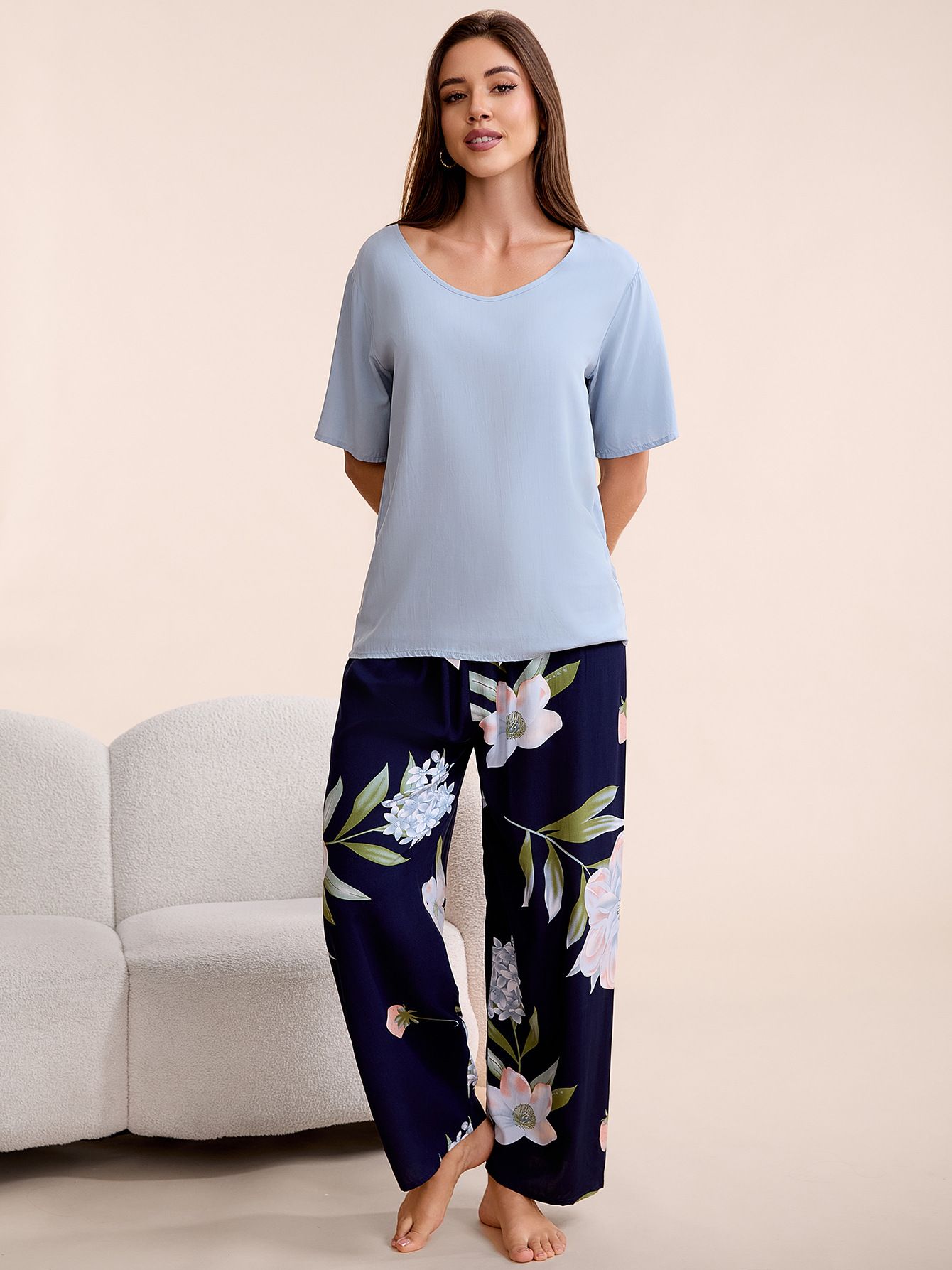 Plus Size Women’s Pajama Set S-6XL Round Neck Short Sleeve Cotton Rayon Top & Wide-Leg Elastic Waist Pants Loungewear  Sleepshirts Women's Clothing