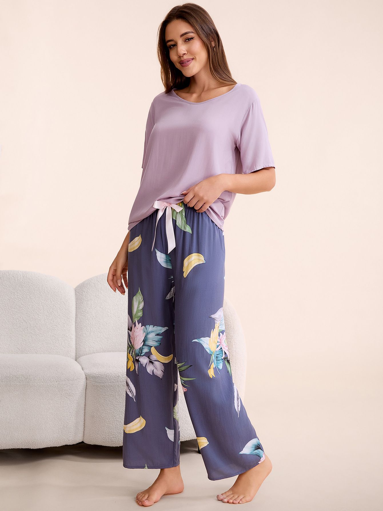 Plus Size Women’s Pajama Set S-6XL Round Neck Short Sleeve Cotton Rayon Top & Wide-Leg Elastic Waist Pants Loungewear  Sleepshirts Women's Clothing