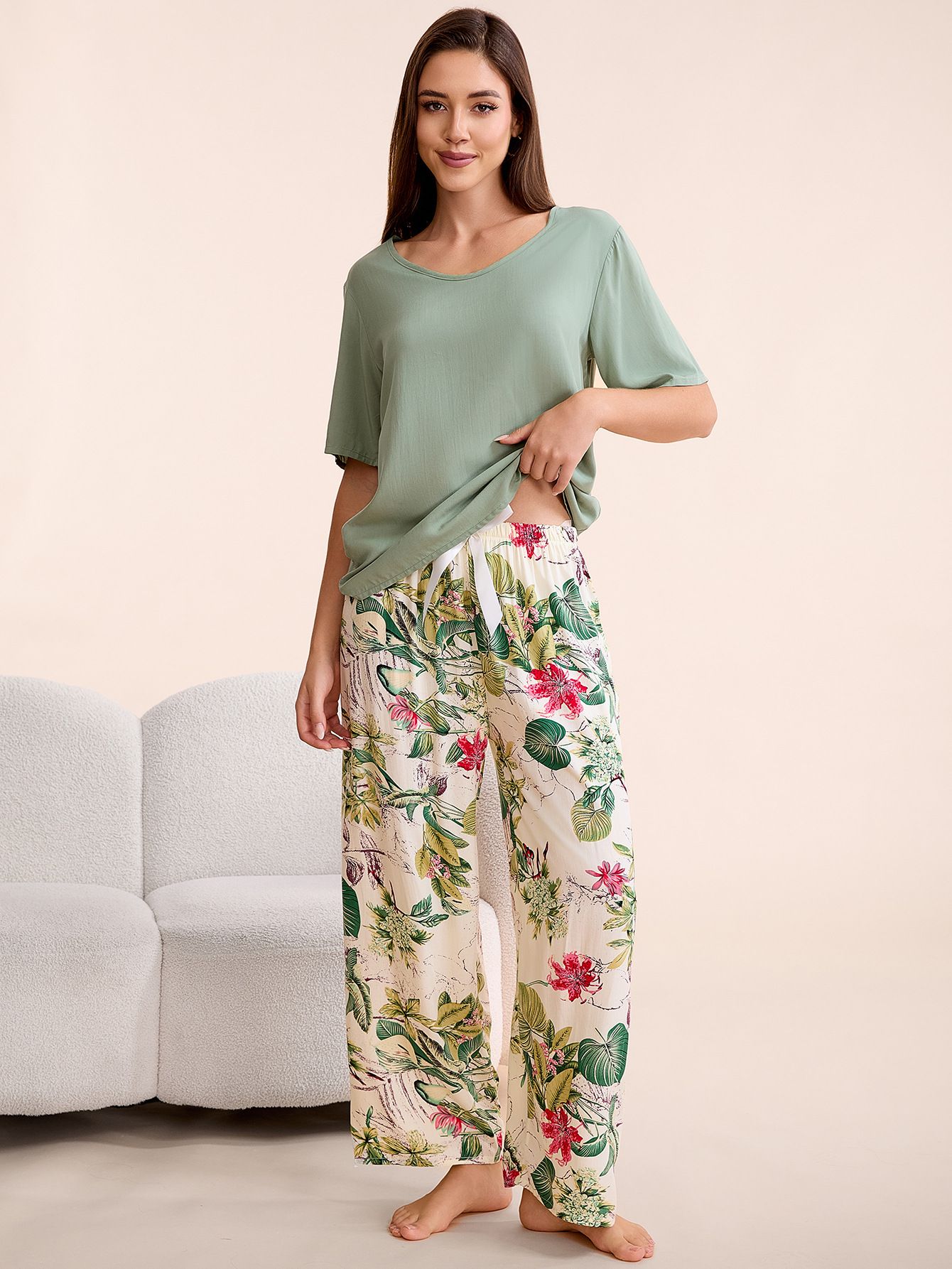 Plus Size Women’s Pajama Set S-6XL Round Neck Short Sleeve Cotton Rayon Top & Wide-Leg Elastic Waist Pants Loungewear  Sleepshirts Women's Clothing