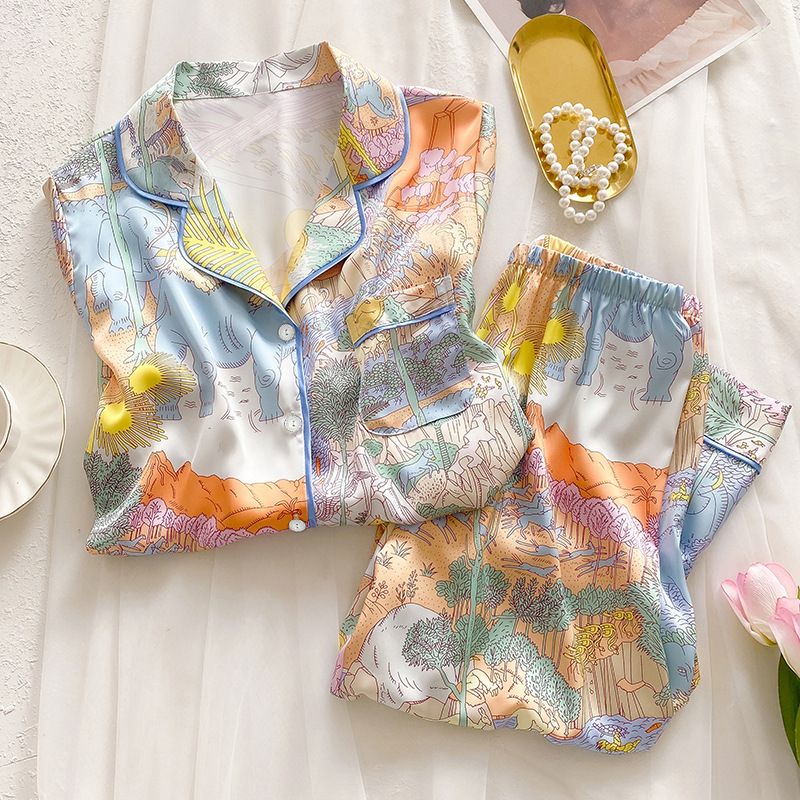 Women’s Cartoon Print Ice Silk Pajama Set 2 Piece Lightweight Loungewear with Long Sleeve Top and Pants Cute Elephant Satin Sleepwear for Summer Homewear