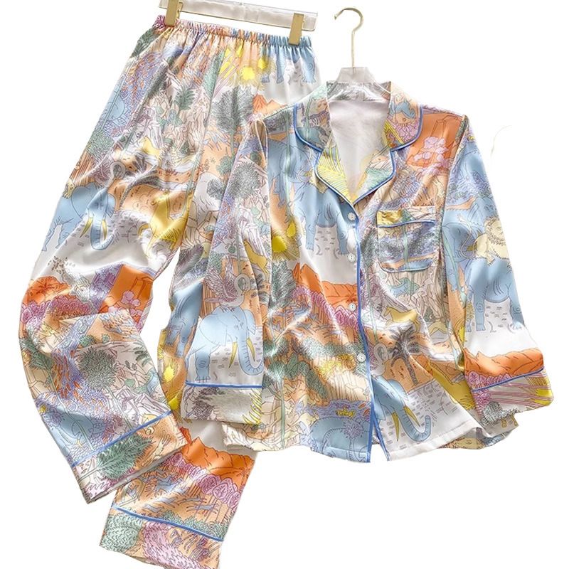 Women’s Cartoon Print Ice Silk Pajama Set 2 Piece Lightweight Loungewear with Long Sleeve Top and Pants Cute Elephant Satin Sleepwear for Summer Homewear