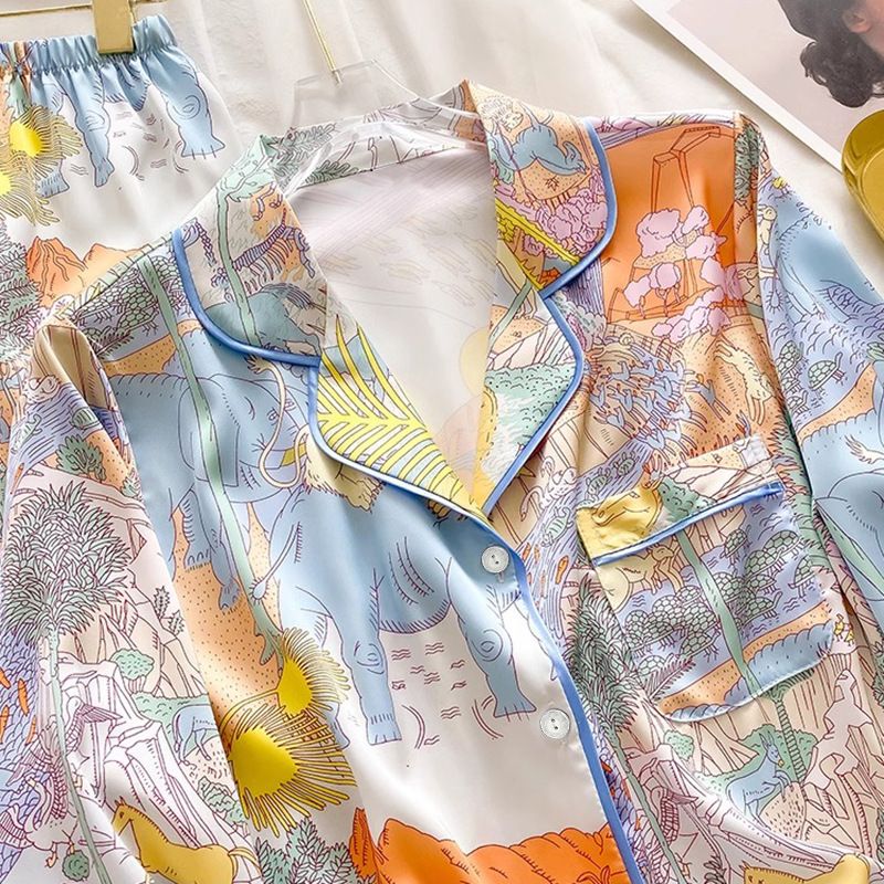 Women’s Cartoon Print Ice Silk Pajama Set 2 Piece Lightweight Loungewear with Long Sleeve Top and Pants Cute Elephant Satin Sleepwear for Summer Homewear