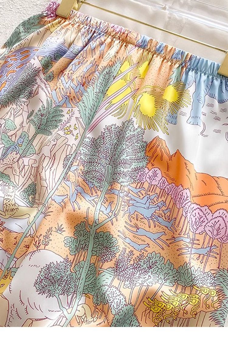 Women’s Cartoon Print Ice Silk Pajama Set 2 Piece Lightweight Loungewear with Long Sleeve Top and Pants Cute Elephant Satin Sleepwear for Summer Homewear