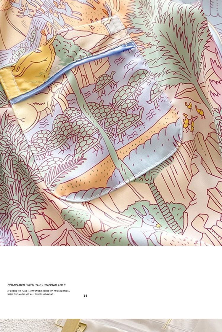 Women’s Cartoon Print Ice Silk Pajama Set 2 Piece Lightweight Loungewear with Long Sleeve Top and Pants Cute Elephant Satin Sleepwear for Summer Homewear
